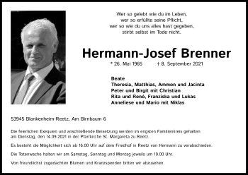 Anzeige von Hermann-Josef Brenner von Kölner Stadt-Anzeiger / Kölnische Rundschau / Express