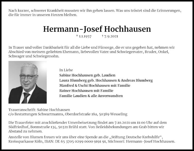  Traueranzeige für Hermann-Josef Hochhausen vom 25.09.2021 aus Kölner Stadt-Anzeiger / Kölnische Rundschau / Express