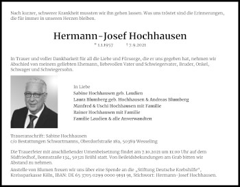 Anzeige von Hermann-Josef Hochhausen von Kölner Stadt-Anzeiger / Kölnische Rundschau / Express