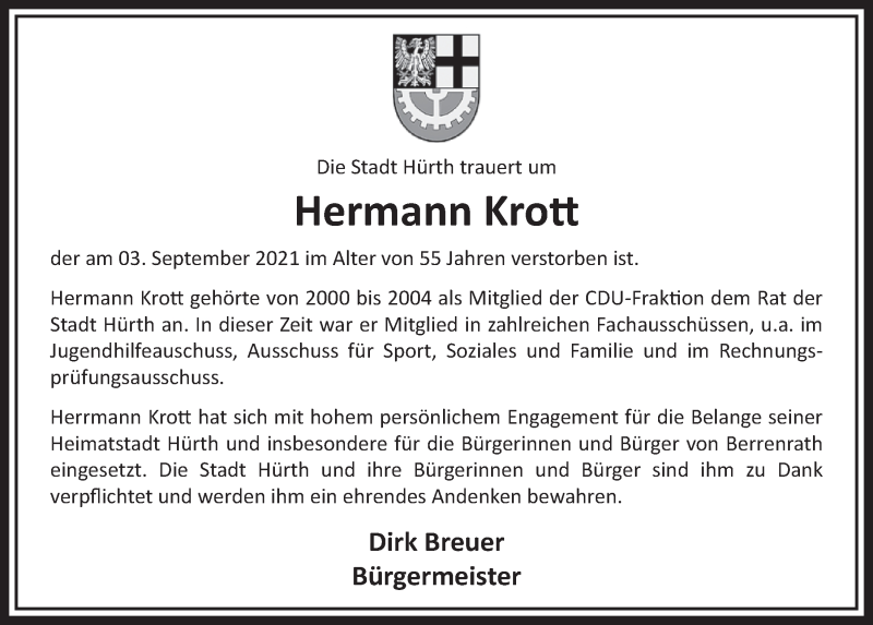  Traueranzeige für Hermann Krott vom 10.09.2021 aus  Wochenende 