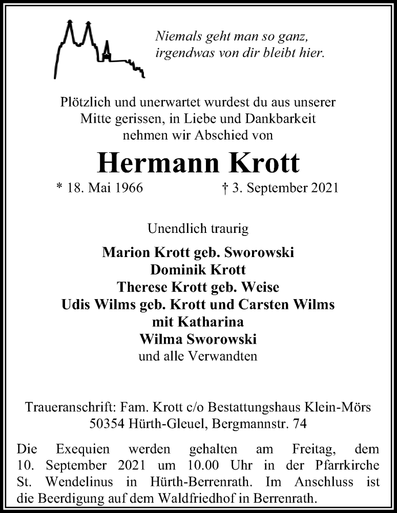  Traueranzeige für Hermann Krott vom 08.09.2021 aus Kölner Stadt-Anzeiger / Kölnische Rundschau / Express