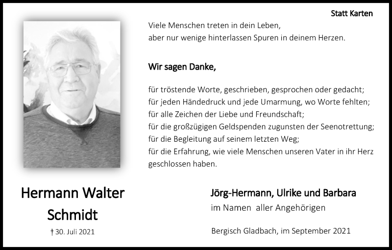  Traueranzeige für Hermann Walter Schmidt vom 04.09.2021 aus Kölner Stadt-Anzeiger / Kölnische Rundschau / Express