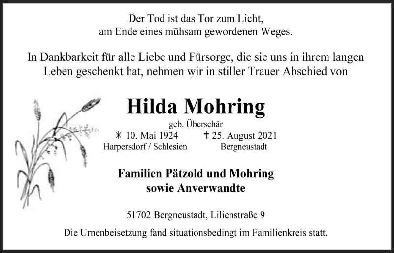  Traueranzeige für Hilda Mohring vom 03.09.2021 aus  Anzeigen Echo 