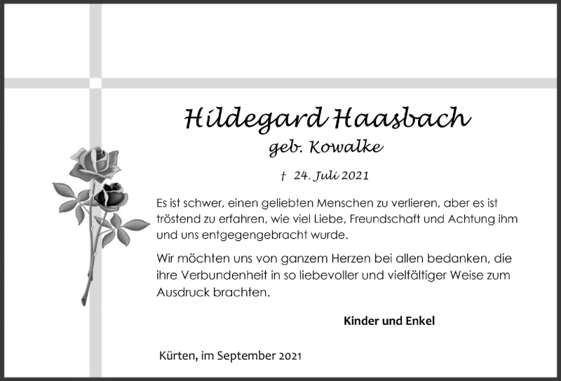 Traueranzeige für Hildegard Haasbach vom 24.09.2021 aus  Bergisches Handelsblatt 