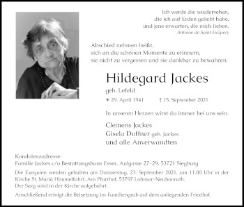 Anzeige von Hildegard Jackes von Kölner Stadt-Anzeiger / Kölnische Rundschau / Express