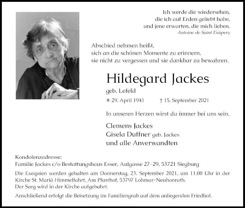  Traueranzeige für Hildegard Jackes vom 18.09.2021 aus Kölner Stadt-Anzeiger / Kölnische Rundschau / Express