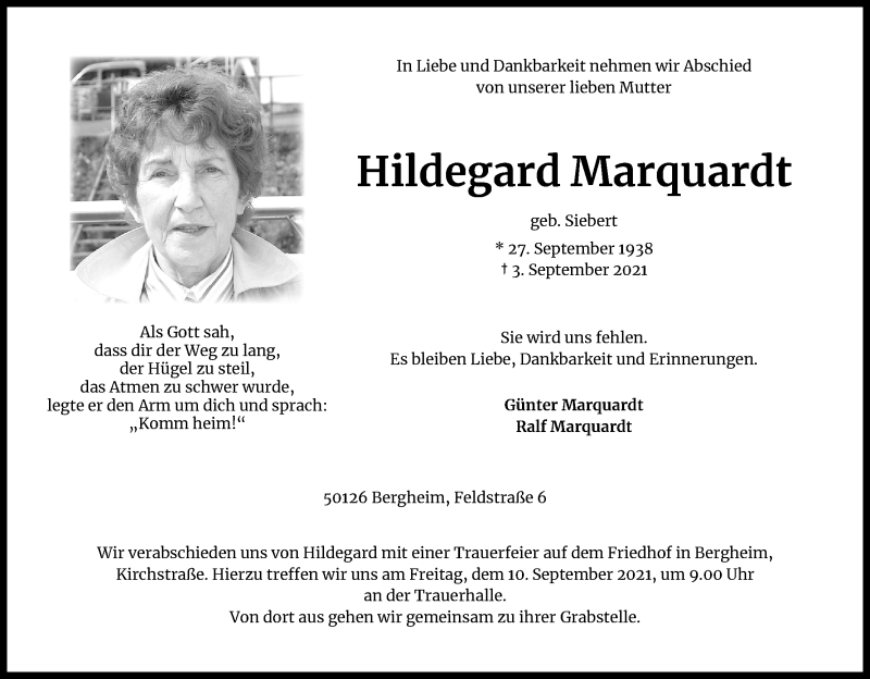  Traueranzeige für Hildegard Marquardt vom 08.09.2021 aus Kölner Stadt-Anzeiger / Kölnische Rundschau / Express
