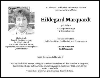 Anzeige von Hildegard Marquardt von Kölner Stadt-Anzeiger / Kölnische Rundschau / Express