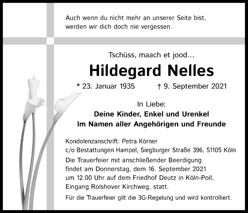  Traueranzeige für Hildegard Nelles vom 14.09.2021 aus Kölner Stadt-Anzeiger / Kölnische Rundschau / Express
