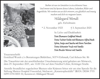 Anzeige von Hildegard Wendt von  Werbepost 