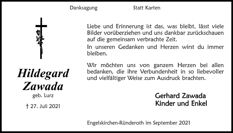  Traueranzeige für Hildegard Zawada vom 10.09.2021 aus  Anzeigen Echo 