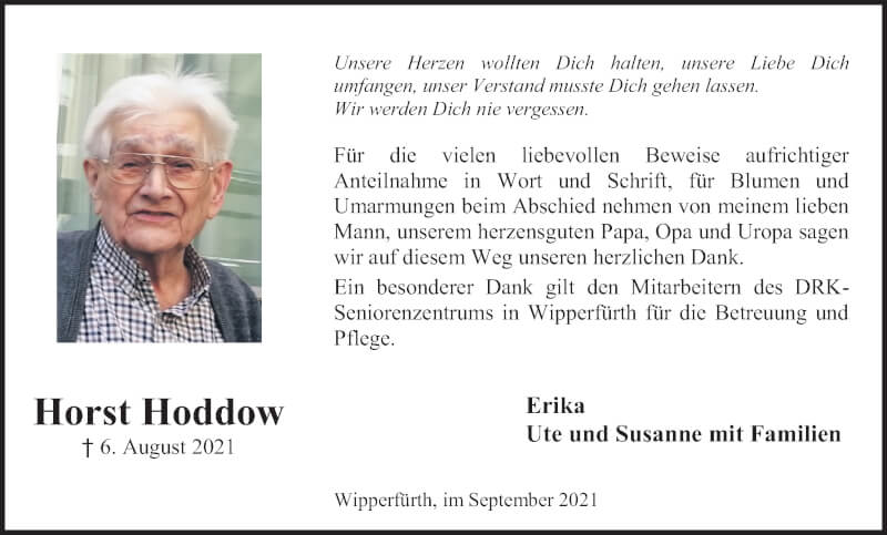  Traueranzeige für Horst Hoddow vom 18.09.2021 aus Kölner Stadt-Anzeiger / Kölnische Rundschau / Express