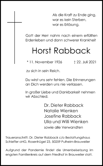 Anzeige von Horst Rabback von Kölner Stadt-Anzeiger / Kölnische Rundschau / Express