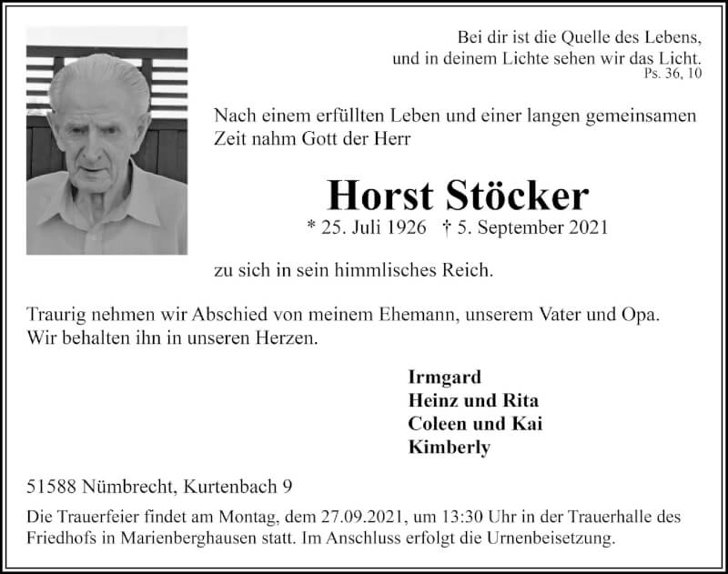  Traueranzeige für Horst Stöcker vom 17.09.2021 aus  Lokalanzeiger 