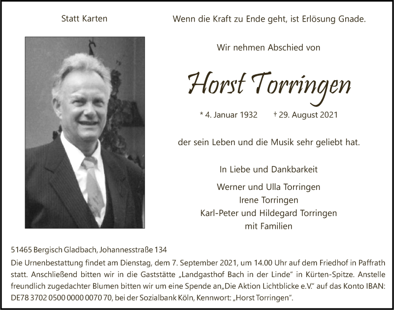  Traueranzeige für Horst Torringen vom 03.09.2021 aus  Bergisches Handelsblatt 