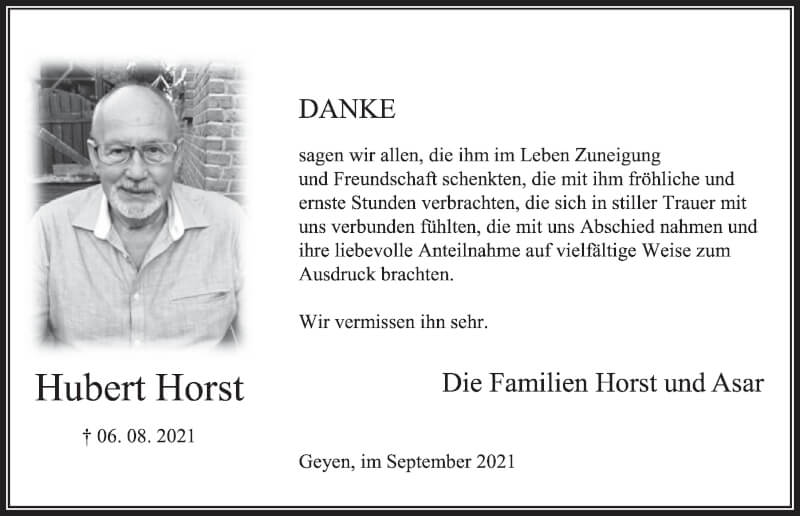  Traueranzeige für Hubert Horst vom 17.09.2021 aus  Wochenende 