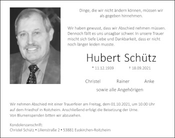 Anzeige von Hubert Schütz von  Blickpunkt Euskirchen 