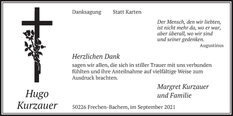  Traueranzeige für Hugo Kurzauer vom 03.09.2021 aus  Wochenende 