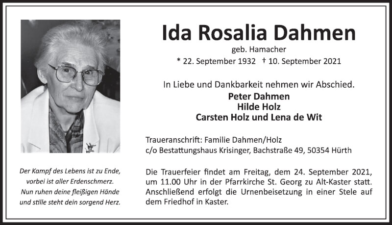  Traueranzeige für Ida Rosalia Dahmen vom 17.09.2021 aus  Werbepost 