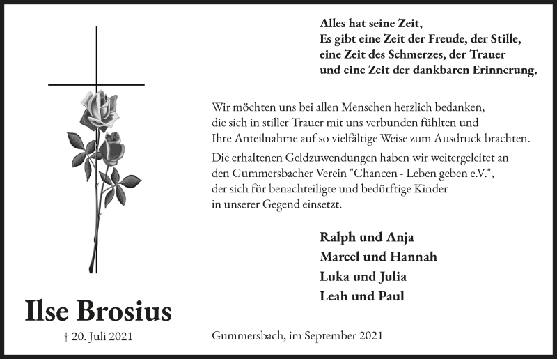  Traueranzeige für Ilse Brosius vom 24.09.2021 aus  Anzeigen Echo 