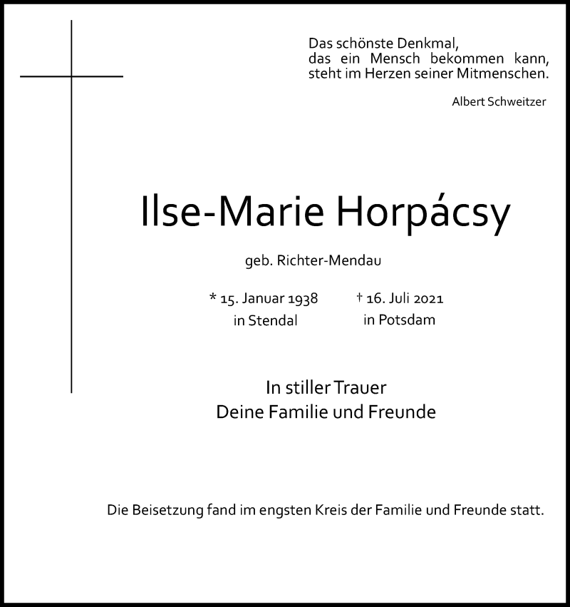  Traueranzeige für Ilse-Marie Horpácsy vom 04.09.2021 aus Kölner Stadt-Anzeiger / Kölnische Rundschau / Express