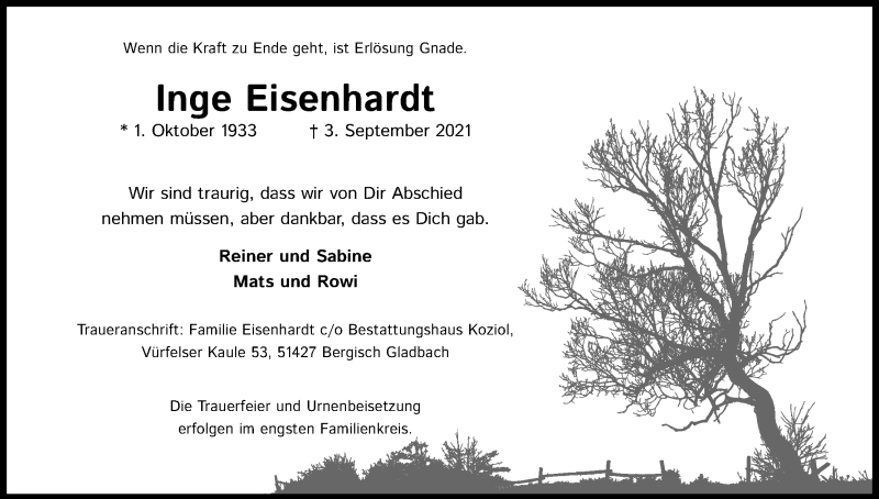  Traueranzeige für Inge Eisenhardt vom 11.09.2021 aus Kölner Stadt-Anzeiger / Kölnische Rundschau / Express