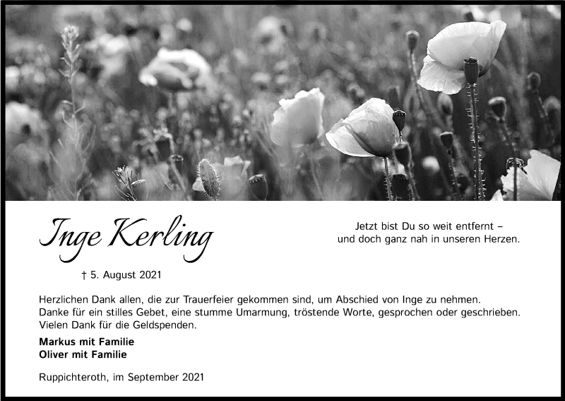  Traueranzeige für Inge Kerling vom 11.09.2021 aus Kölner Stadt-Anzeiger / Kölnische Rundschau / Express