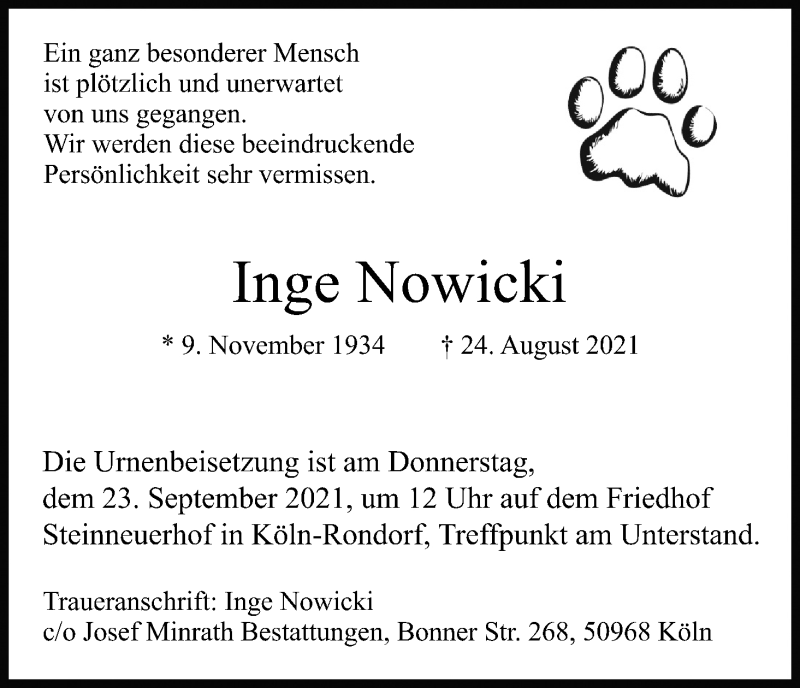  Traueranzeige für Inge Nowicki vom 11.09.2021 aus Kölner Stadt-Anzeiger / Kölnische Rundschau / Express
