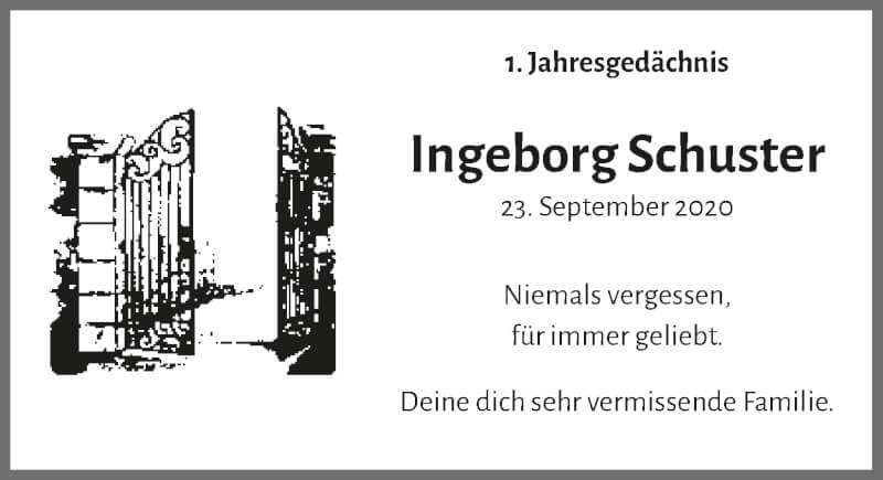  Traueranzeige für Ingeborg Schuster vom 17.09.2021 aus  Anzeigen Echo 
