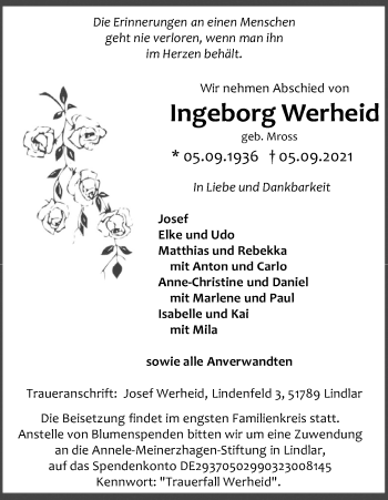 Anzeige von Ingeborg Werheid von Kölner Stadt-Anzeiger / Kölnische Rundschau / Express
