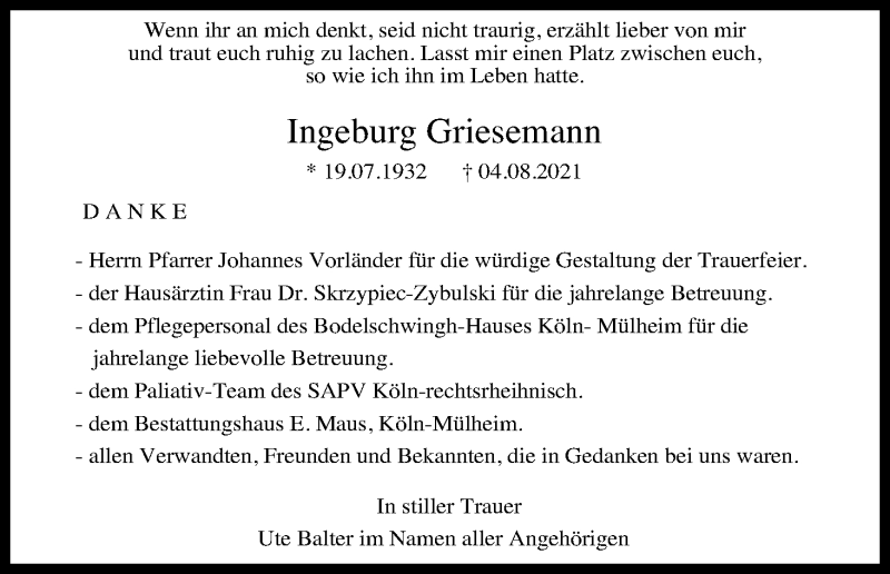  Traueranzeige für Ingeburg Griesemann vom 04.09.2021 aus Kölner Stadt-Anzeiger / Kölnische Rundschau / Express