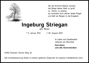 Anzeige von Ingeburg Striegan von Kölner Stadt-Anzeiger / Kölnische Rundschau / Express