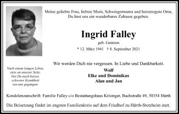 Anzeige von Ingrid Falley von Kölner Stadt-Anzeiger / Kölnische Rundschau / Express