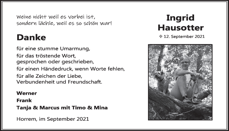  Traueranzeige für Ingrid Hausotter vom 24.09.2021 aus  Werbepost 