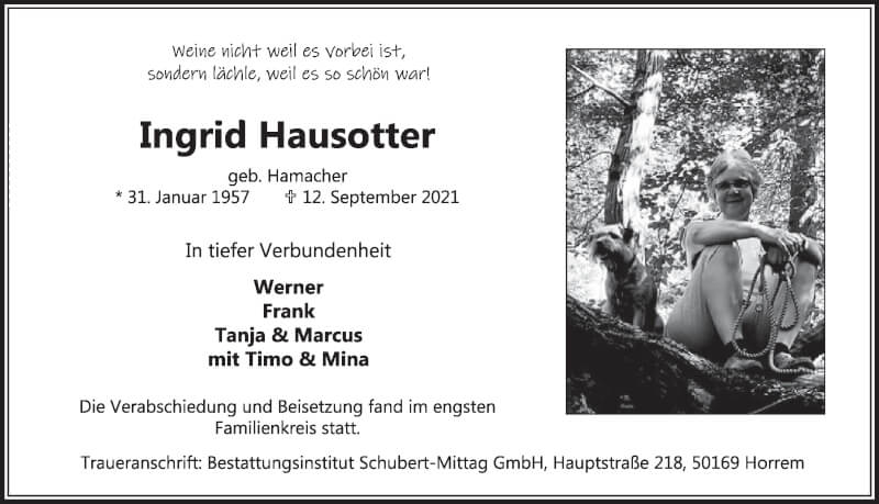  Traueranzeige für Ingrid Hausotter vom 17.09.2021 aus  Werbepost 