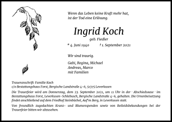 Anzeige von Ingrid Koch von Kölner Stadt-Anzeiger / Kölnische Rundschau / Express