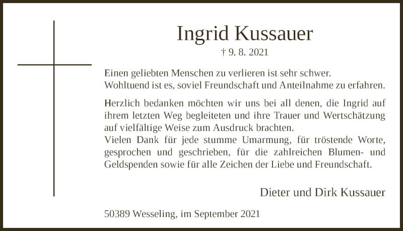  Traueranzeige für Ingrid Kussauer vom 17.09.2021 aus  Schlossbote/Werbekurier 