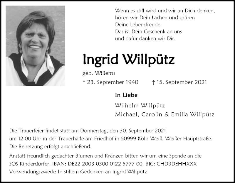  Traueranzeige für Ingrid Willpütz vom 25.09.2021 aus Kölner Stadt-Anzeiger / Kölnische Rundschau / Express