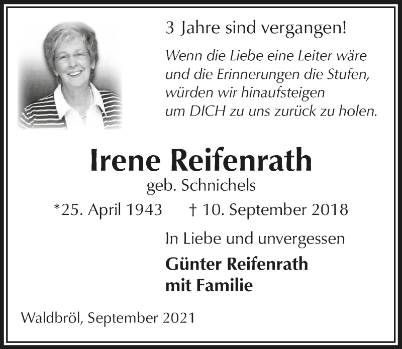  Traueranzeige für Irene Reifenrath vom 10.09.2021 aus  Lokalanzeiger 