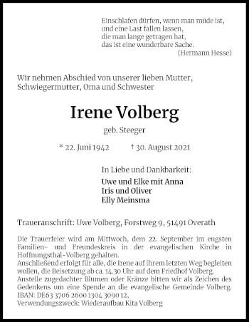 Anzeige von Irene Volberg von Kölner Stadt-Anzeiger / Kölnische Rundschau / Express