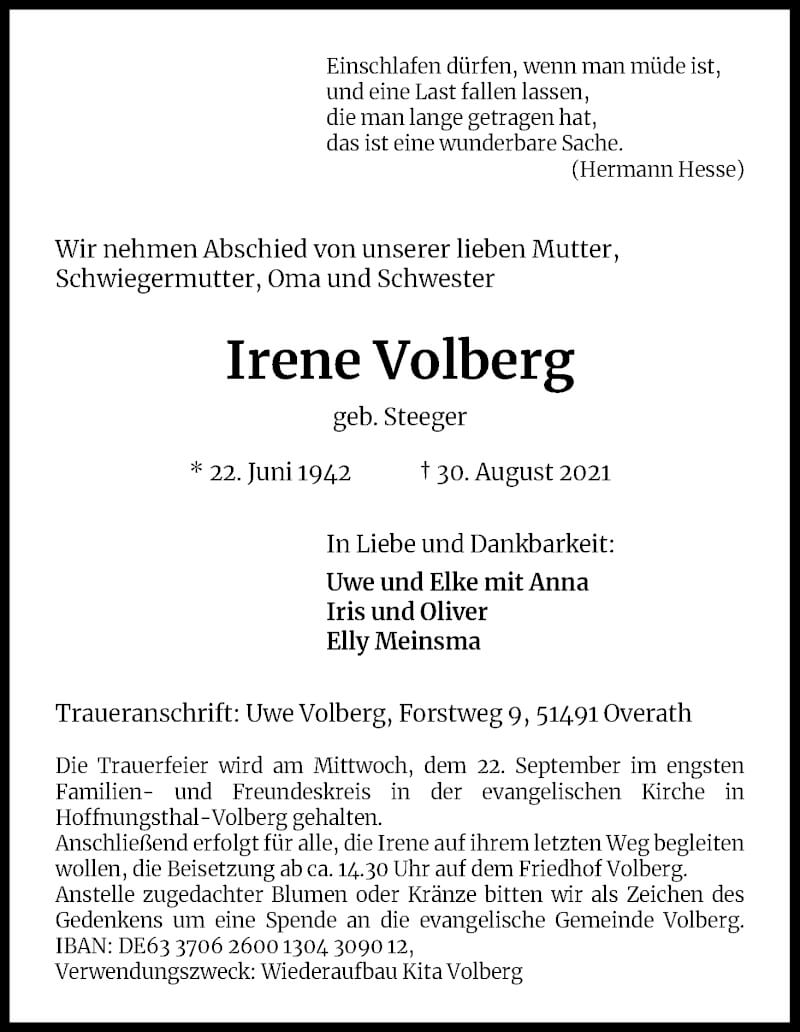  Traueranzeige für Irene Volberg vom 18.09.2021 aus Kölner Stadt-Anzeiger / Kölnische Rundschau / Express