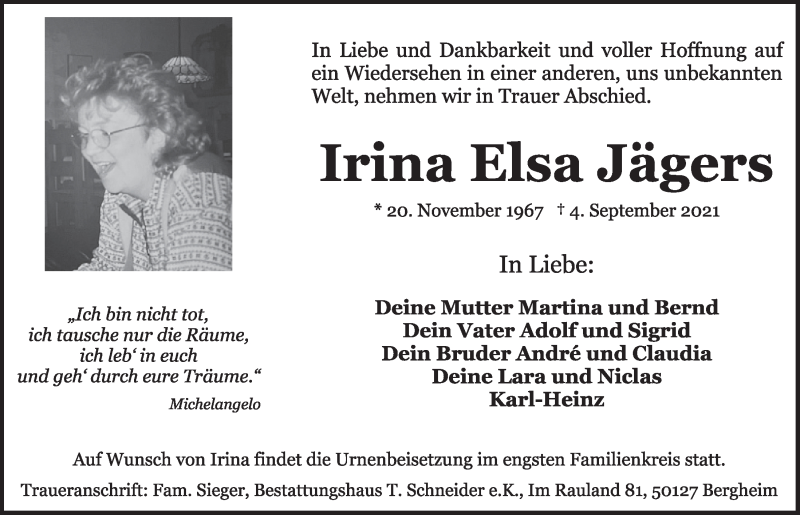  Traueranzeige für Irina Elsa Jägers vom 10.09.2021 aus  Werbepost 