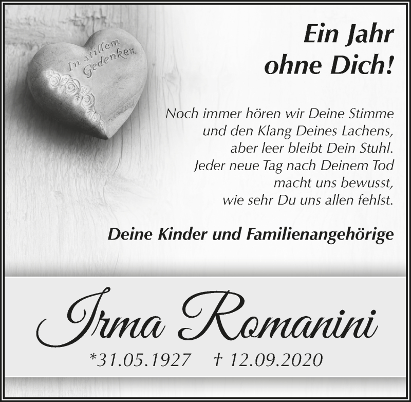  Traueranzeige für Irma Romanini vom 11.09.2021 aus  Blickpunkt Euskirchen 