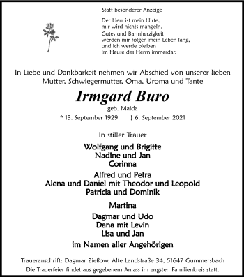 Anzeige von Irmgard Buro von Kölner Stadt-Anzeiger / Kölnische Rundschau / Express