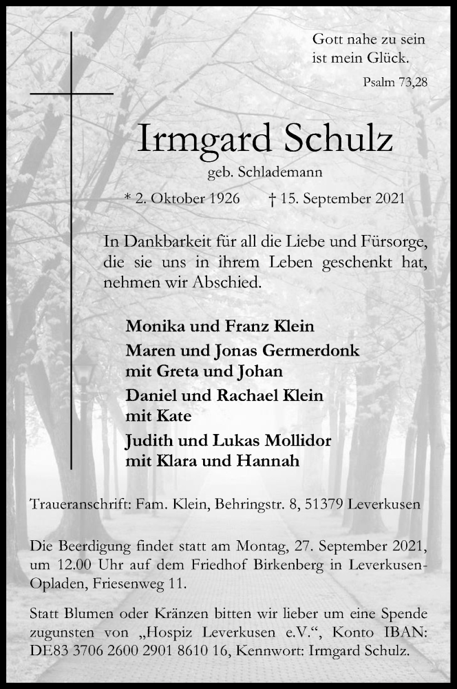  Traueranzeige für Irmgard Schulz vom 22.09.2021 aus Kölner Stadt-Anzeiger / Kölnische Rundschau / Express
