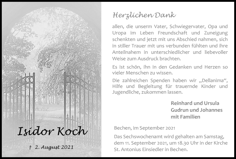  Traueranzeige für Isidor Koch vom 04.09.2021 aus Kölner Stadt-Anzeiger / Kölnische Rundschau / Express