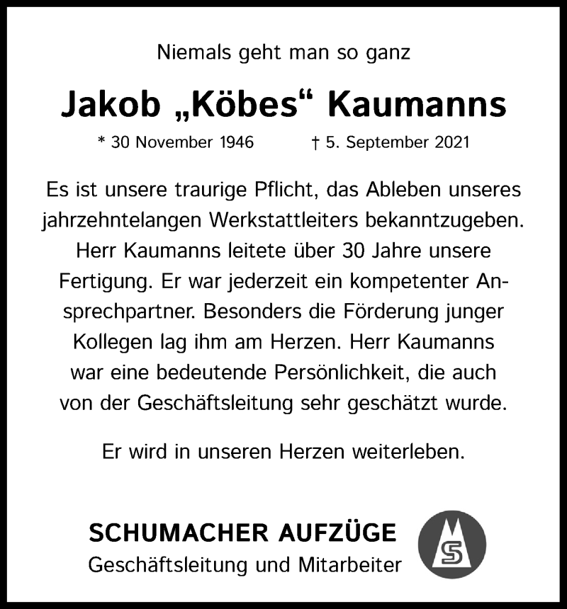  Traueranzeige für Jakob  Kaumanns vom 11.09.2021 aus Kölner Stadt-Anzeiger / Kölnische Rundschau / Express