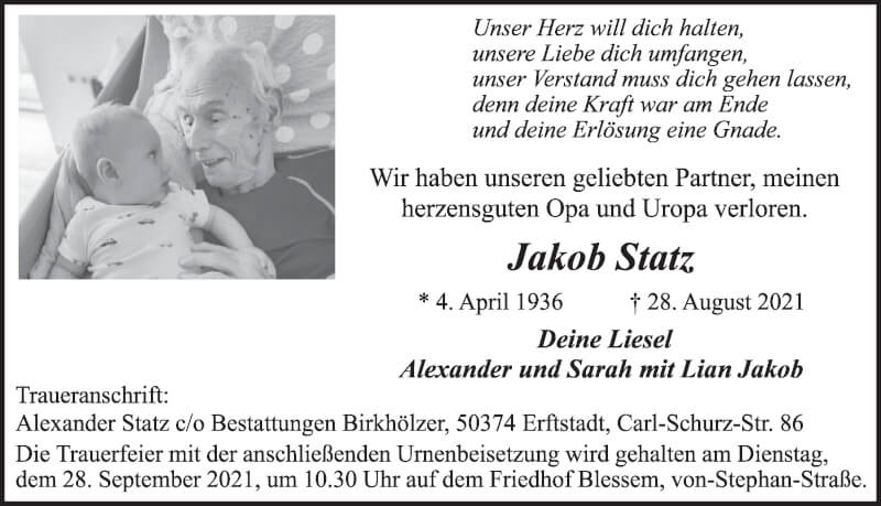  Traueranzeige für Jakob Statz vom 17.09.2021 aus  Werbepost 