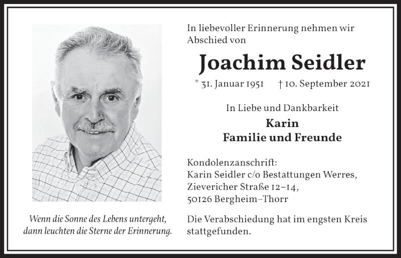  Traueranzeige für Joachim Seidler vom 17.09.2021 aus  Werbepost 