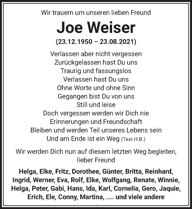  Traueranzeige für Joe Weiser vom 03.09.2021 aus  Werbepost 